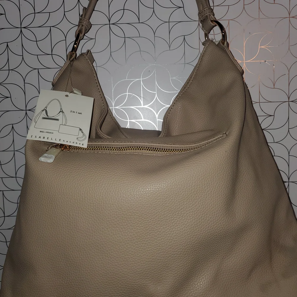 Nicole Miller Taupe Leather Shoulder Hobo Bag with Gold Hardware